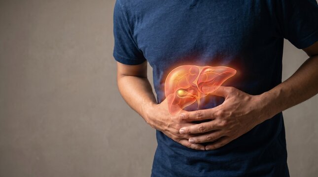 Man holding his stomach with glowing liver illustration representing internal organ pain or disease.