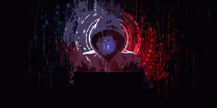 hooded figure with digital code background illustration