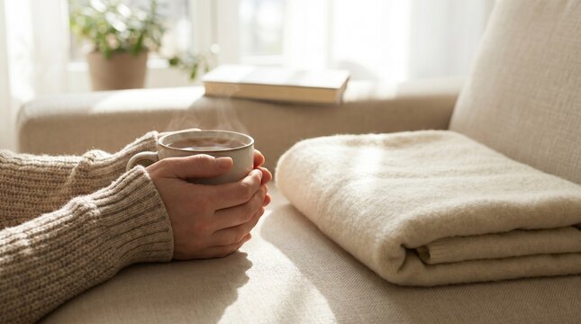 Hands holding a hot steaming mug of tea on a cozy sofa at home