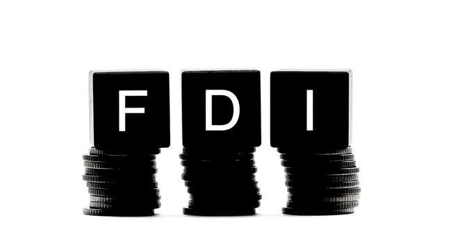 FDI Foreign Direct Investment acronym on black blocks and coins