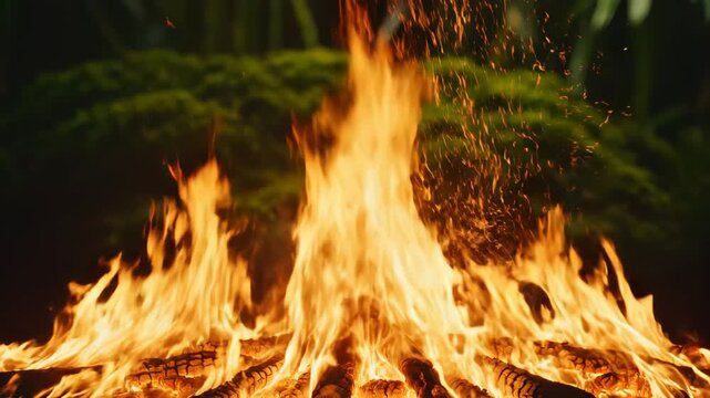 Burning wood logs with greenery in background emphasizing the majestic scale of the natural world
