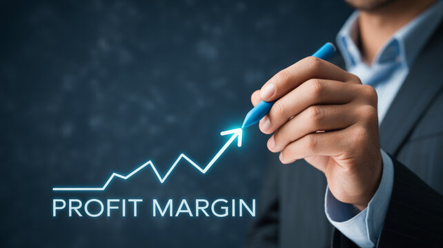 Businessman drawing increasing profit margin graph with blue marker on dark background