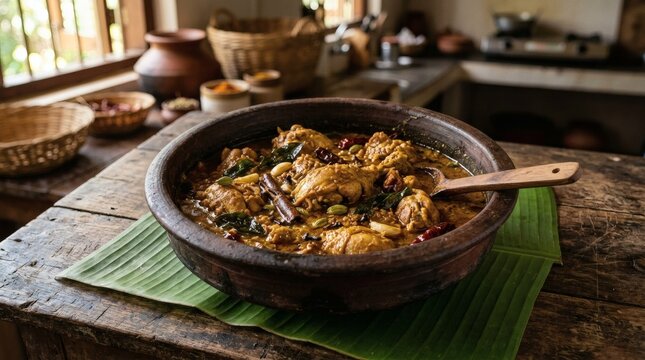 Sri Lankan Chicken Curry Kukul Mas Kari Clay Pot Banana Leaf Table Food Photography

