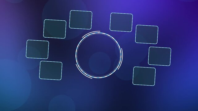 Blank futuristic infographic template background with glowing circular frames and empty option boxes for custom copy space.