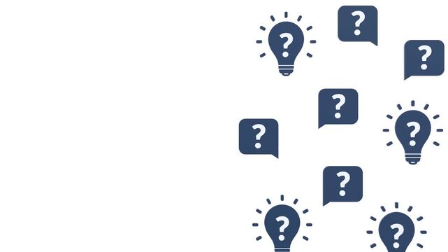 Animated question marks and lightbulb icons with copy space, representing ideas, solutions, creativity, thinking, brainstorming, and problem solving. Perfect for presentation and explainer videos.