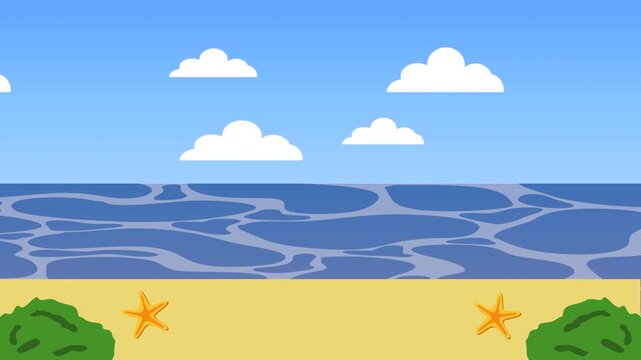 Cartoon beach animation with blue sea waves and fluffy white clouds moving across sky over sandy shore.