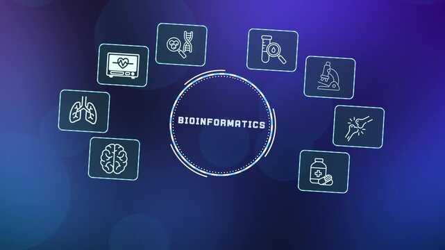 Digital interface representing bioinformatics data processing with molecular biology computing and genomic analysis icons