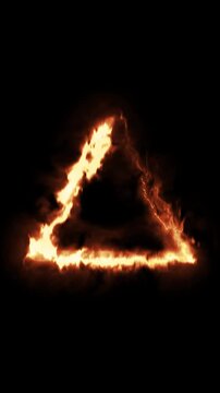 Burning triangle fire effect motion graphic on black background.
