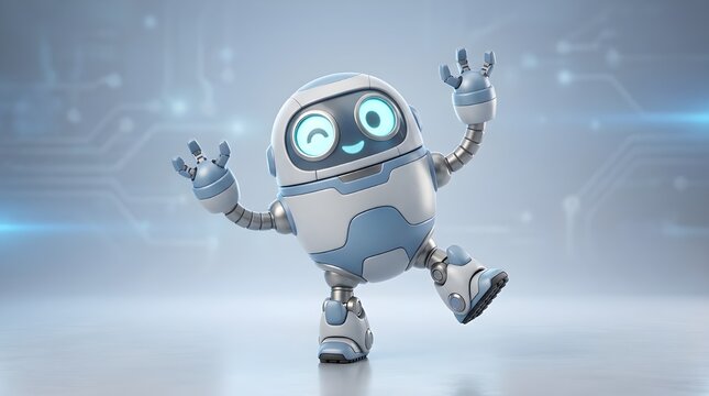 3D illustration of a cute futuristic robot dancing with a funny and cheerful expression on a soft blue technology background. Perfect for AI, technology, mascot, and digital content themes