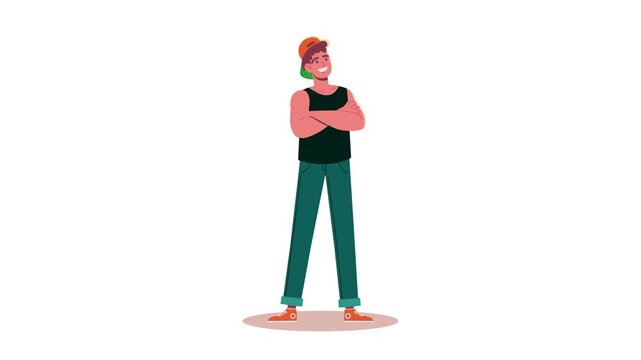 Young athletic man in sporty outfit and baseball cap standing with crossed arms against white background.