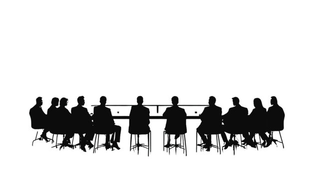 Executives sit together around a large boardroom table to discuss important corporate business strategy.