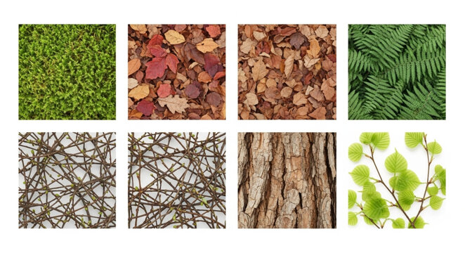 Eight different natural textures and patterns shown in square frames.