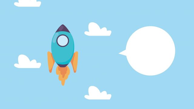 Rocket launch animation with empty speech bubble against blue sky with moving clouds.