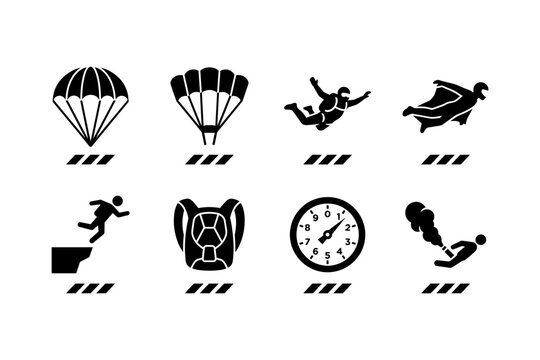 Skydiving and Extreme Aerial Sports Icon Set for Adventure Tourism, Base Jumping, Wingsuit Flying and Parachute Training Applications