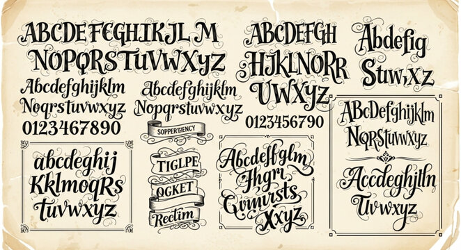 Vintage Calligraphy Alphabet Font Samples and Numbers.