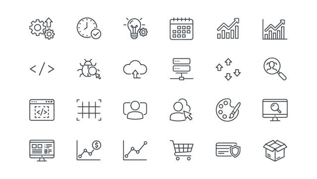 Versatile business and web development line icons including coffee camera and code snippets for modern project management and digital software interface design elements in a clean vector style