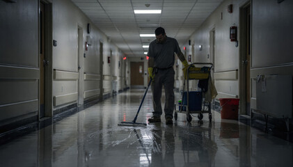 Fototapeta premium Janitor man corridor mop cleaning reflection floor night maintenance staff cleaning hospital corridor floor with mop night creating moody