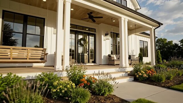 White farmhouse with porch and garden for outdoor lifestyle brands and nature documentaries