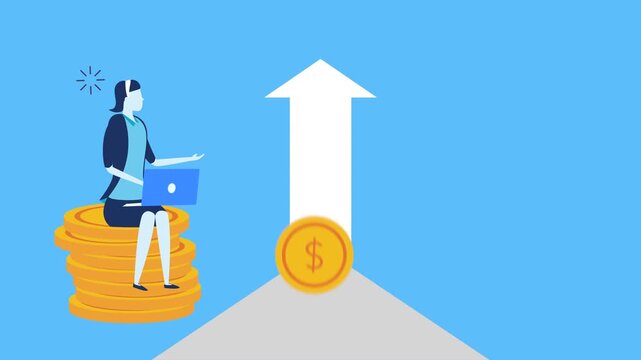 Businesswoman sitting on coins with laptop and growing arrow motion graphic for finance growth concept.