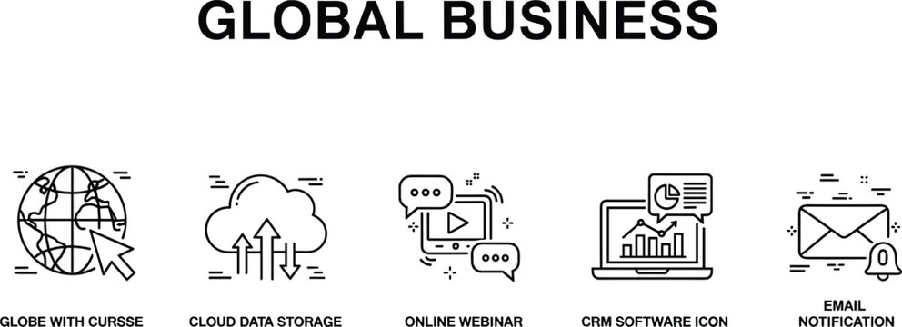 Global business technology outline icon bundle featuring webinar communication analytics cloud services and secure digital workflow concepts