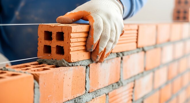 Closeup of a construction worker laying a brick wall with mortar