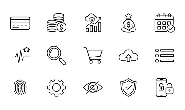 Set of fifteen financial and e-commerce line icons including credit cards coins savings growth charts shopping carts and security locks for banking and retail web application design assets