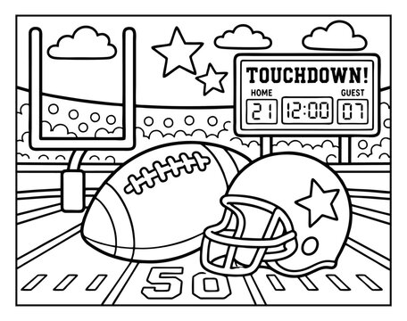 Coloring page featuring american football equipment with a stadium background for kids to draw and enjoy creative learning activities