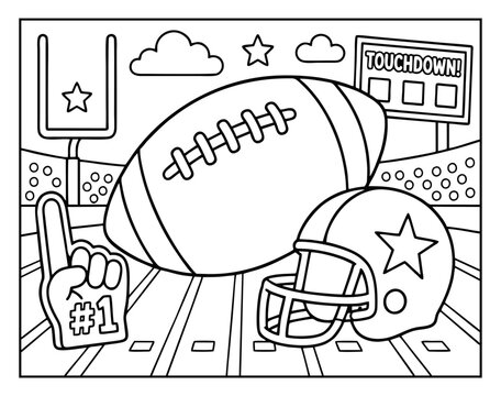 Coloring page featuring american football equipment including a ball and helmet for kids to draw and paint at home