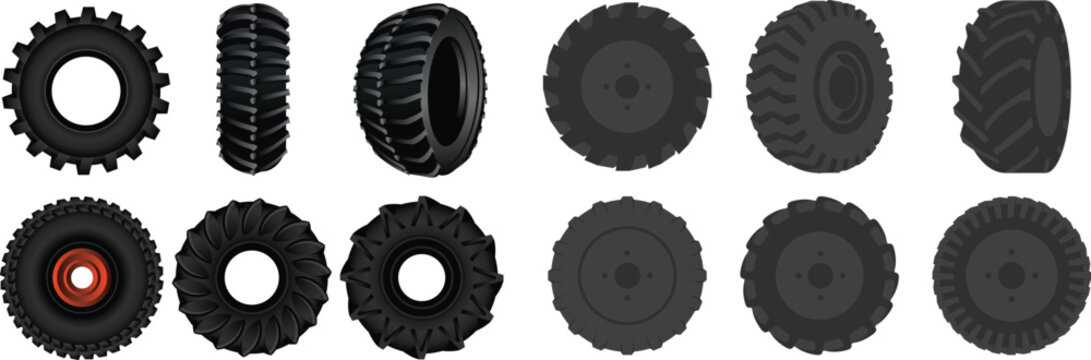 Set of heavy duty off-road tractor tires isolated on white.Detailed vector icons of black rubber tires for trucks and tractors.