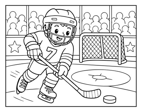 Hockey coloring page featuring a young boy playing sports on an ice rink for children to color and enjoy