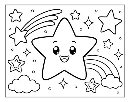 Coloring page featuring a cute smiling star character with a rainbow and twinkling sparkles for creative kids activity book