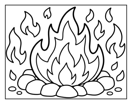 Coloring page featuring a campfire burning with flames and stones in a simple outline style for kids activity books