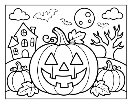 Coloring page featuring a carved jack o lantern pumpkin with a haunted house and bats for children to color
