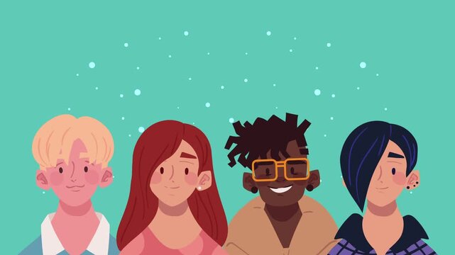 Group of diverse young people characters appearing and smiling in vibrant 2d animation footage.