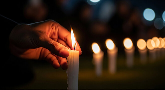A hand holding a lit candle during a solemn vigil with a row of blurred candles in the background.