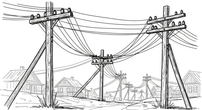 Electrical power lines connecting poles with wires and insulators.