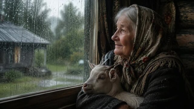 Elderly woman holding a young goat near a rainy window in a rustic home, showing rural life, caregiving, farming traditions, comfort, loneliness and emotional connection.
