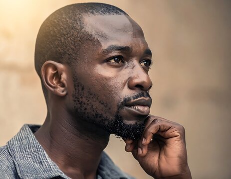 A close-up portrait of a thoughtful man with a short buzz cut