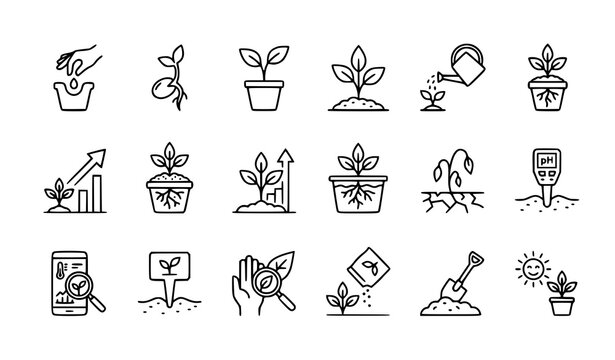 Plant growing line icon set with seedling agriculture and soil testing symbols vector