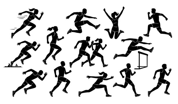 Dynamic running athlete silhouette collection with black and white fitness people isolated on white background