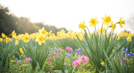 Fototapeta premium Vibrant daffodils and wildflowers in a lush green field on a sunny day
