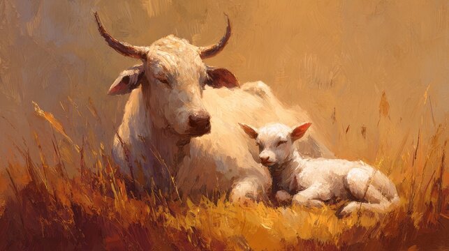 Serene white cow and gentle lamb standing together in peaceful rural landscape with warm golden sunset tones, symbolizing eid al-adha qurbani celebration and islamic new year spiritual harmony and ref