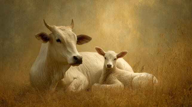 Serene white cow and gentle lamb standing together in peaceful rural landscape with warm golden sunset tones, symbolizing eid al-adha qurbani celebration and islamic new year spiritual harmony and ref