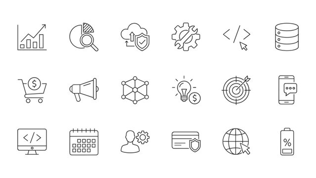 Modern linear icons for cybersecurity and web development featuring encryption and cloud security symbols for software infrastructure and digital privacy protection project interface design solutions