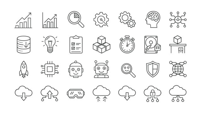Artificial intelligence and cloud computing icons set showcasing machine learning and data synchronization symbols in clean dark blue line art for modern technology software platform branding