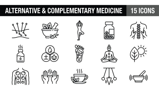 Alternative medicine icons, complementary medicine symbols, medical icons