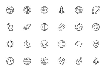 Space icon set. Minimal line vector icons. Featuring Jupiter, Mars, Earth, Saturn, Sun, spaceship, alien, orbit, meteor, satellite, launch and more. © wang