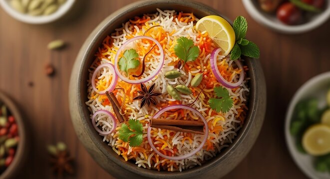 Top view of authentic indian biryani rice dish served in a traditional clay pot garnish with onion rings fresh mint lemon slices and whole spices on a rustic wood table