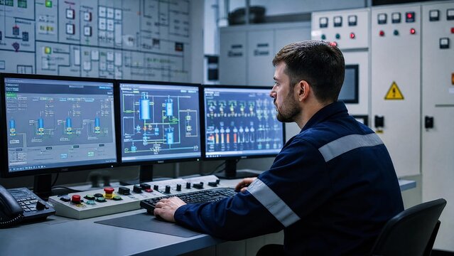 Professional Male Engineer Monitoring Industrial Plant Operations on Multiple Screens in a High-Tech Control Room