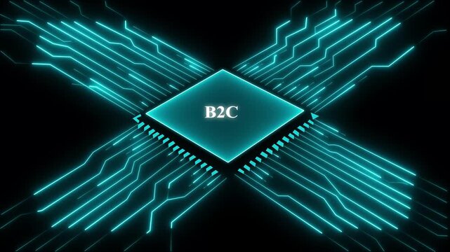 Business to Consumer B2 C Technology Concept with Blue Circuit Board and Microchip. Technology and network concept. 4k video animation on black background.	